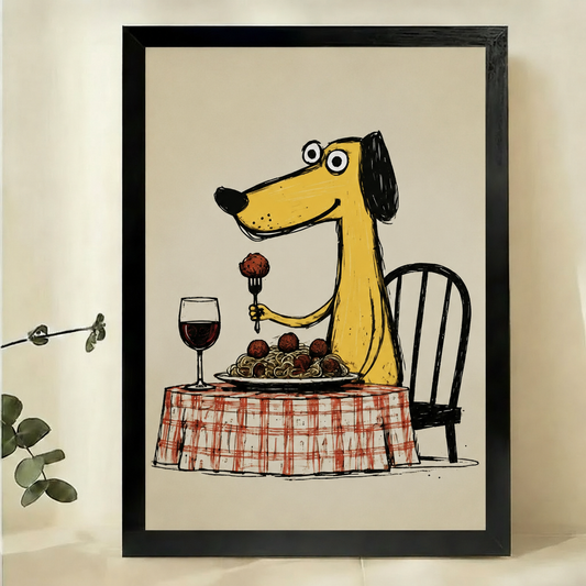 Dog Dining on Spaghetti Wall Art – Whimsical Cartoon Dog Canvas Print on Natural Wood Frame | W2311