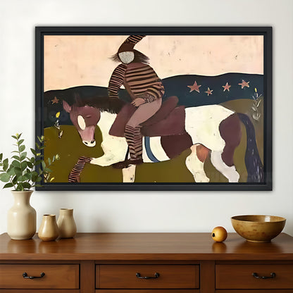 The Bohemian Horse Rider – Abstract Folk Wall Art on Natural Wood Canvas | W600