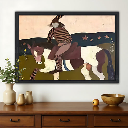 The Bohemian Horse Rider – Abstract Folk Wall Art on Natural Wood Canvas | W600