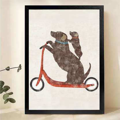 Two Dogs on a Scooter Wall Art – Funny Dog Canvas Print|W1456