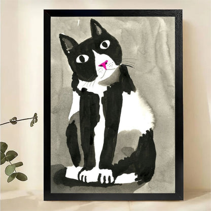 Black and White Cat Wall Art - Minimalist Watercolor Print|W1286