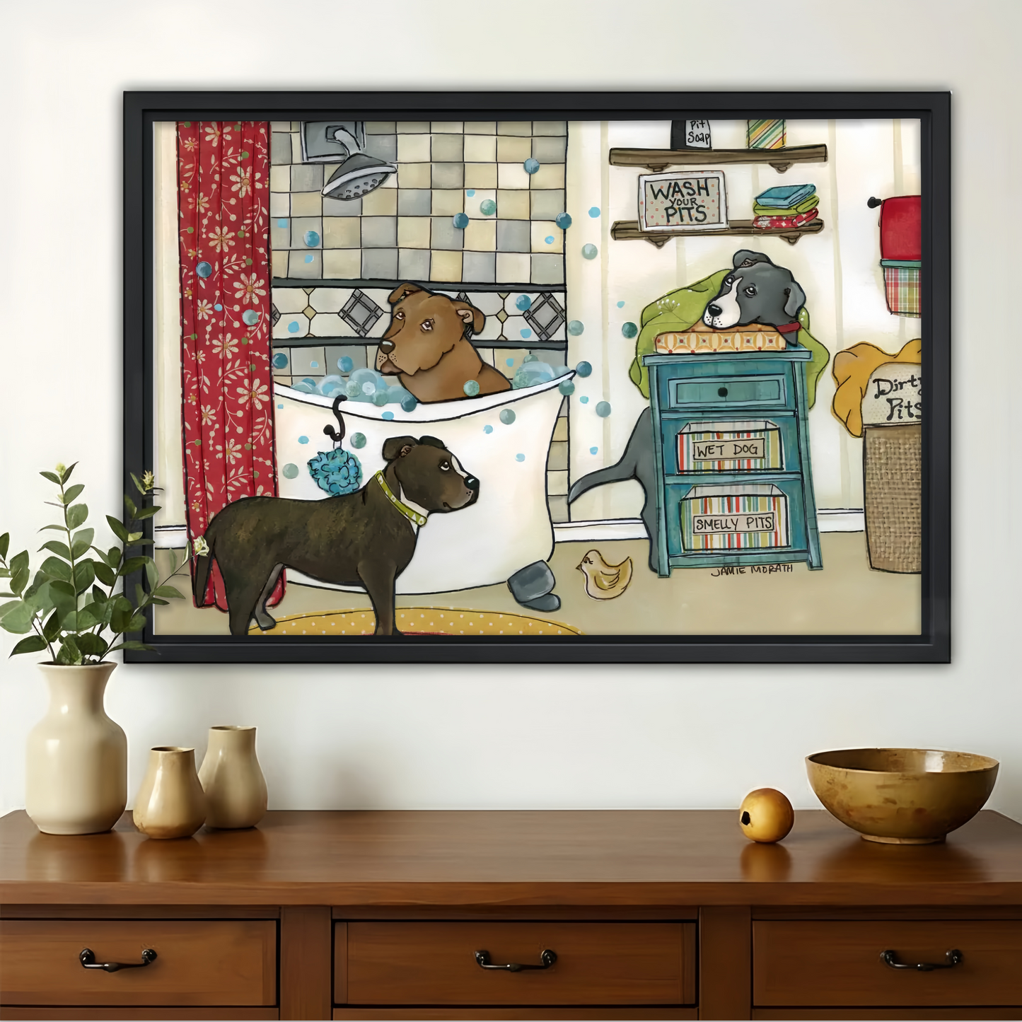 Wash Your Pits Pitbull Bathroom Wall Art - Funny Dog Canvas Print|W1348