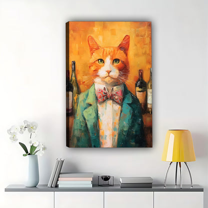 Cat Bartender Oil Painting – Vintage Orange Tabby Wall Art for Wine Bar Kitchen Decor| W520