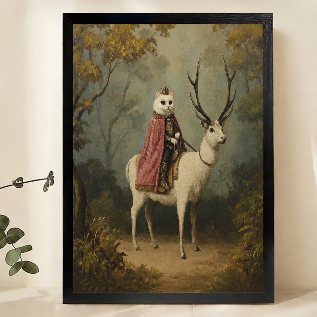 Royal Cat Riding White Stag Wall Art – Whimsical Dark Fantasy Canvas Print on Natural Wood Frame | W2269