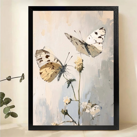 Two White Butterflies on Wildflowers Wall Art - Minimalist Textured Oil Painting Canvas Print|W1420