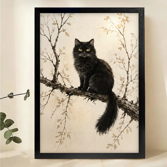 Fluffy Black Cat on Branch Wall Art – Warm Japanese Ink Painting Canvas Print on Natural Wood Frame | W2190