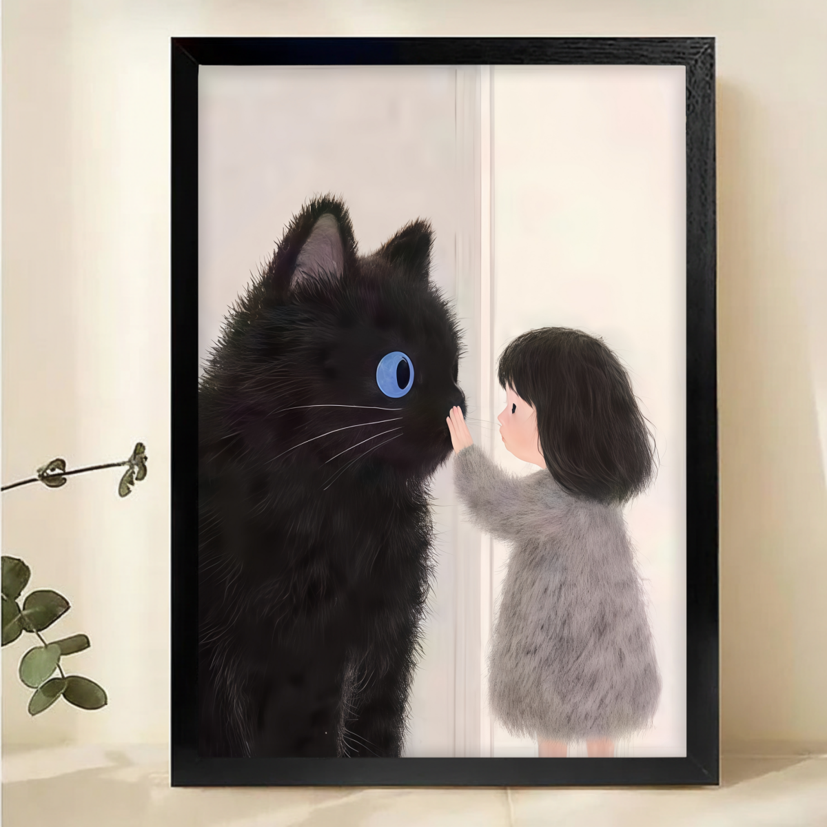 Girl with Black Cat Wall Art - Whimsical Children's Room Decor|W1103