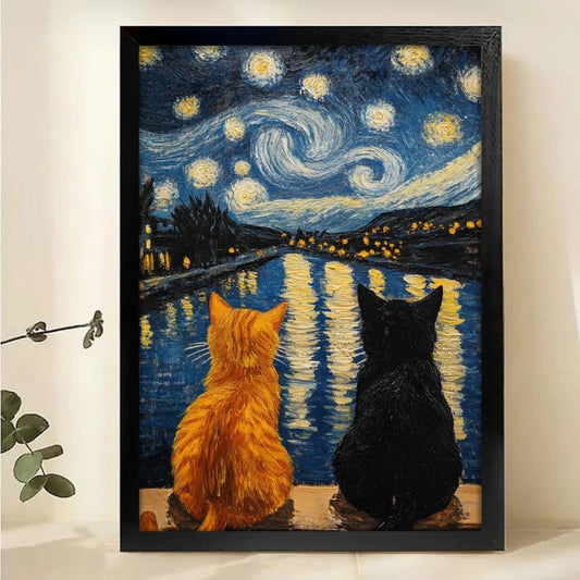 Cats Under Starry Night - Van Gogh Inspired Canvas Wall Art|W1172