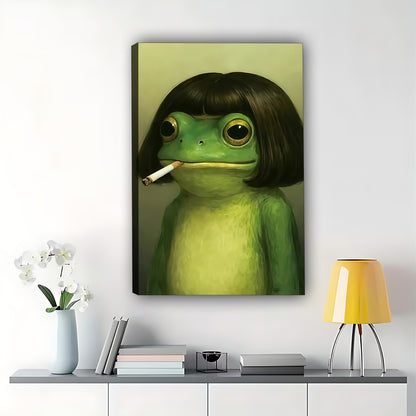 The Cool Frog Figure – Retro Edgy Wall Art on Natural Wood Canvas | W586
