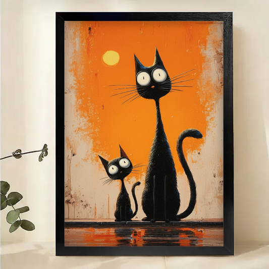 Big & Little Black Cats Under the Moon Wall Art – Whimsical Halloween Canvas Print on Natural Wood Frame | W2146