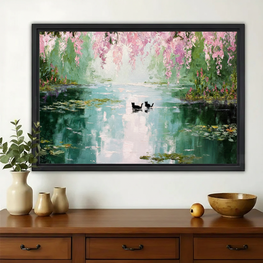 Two Black Cats on Monet's Lily Pond Wall Art – Impressionist Oil Painting Canvas Print on Natural Wood Frame | W2217
