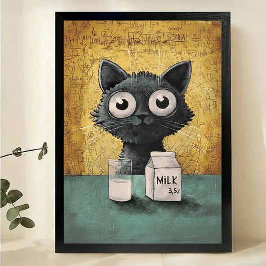 Fluffy Black Cat with Milk Carton Wall Art – Cute Quirky Cat Canvas Print on Natural Wood Frame | W2107