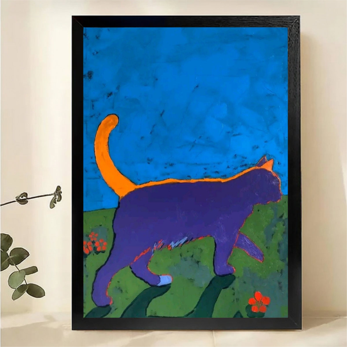 Purple Cat in Garden Wall Art - Bold Colorful Abstract Print|W1259