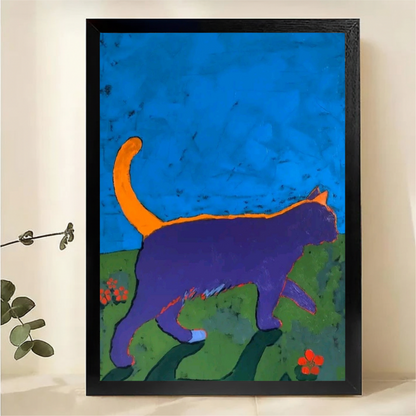 Purple Cat in Garden Wall Art - Bold Colorful Abstract Print|W1259