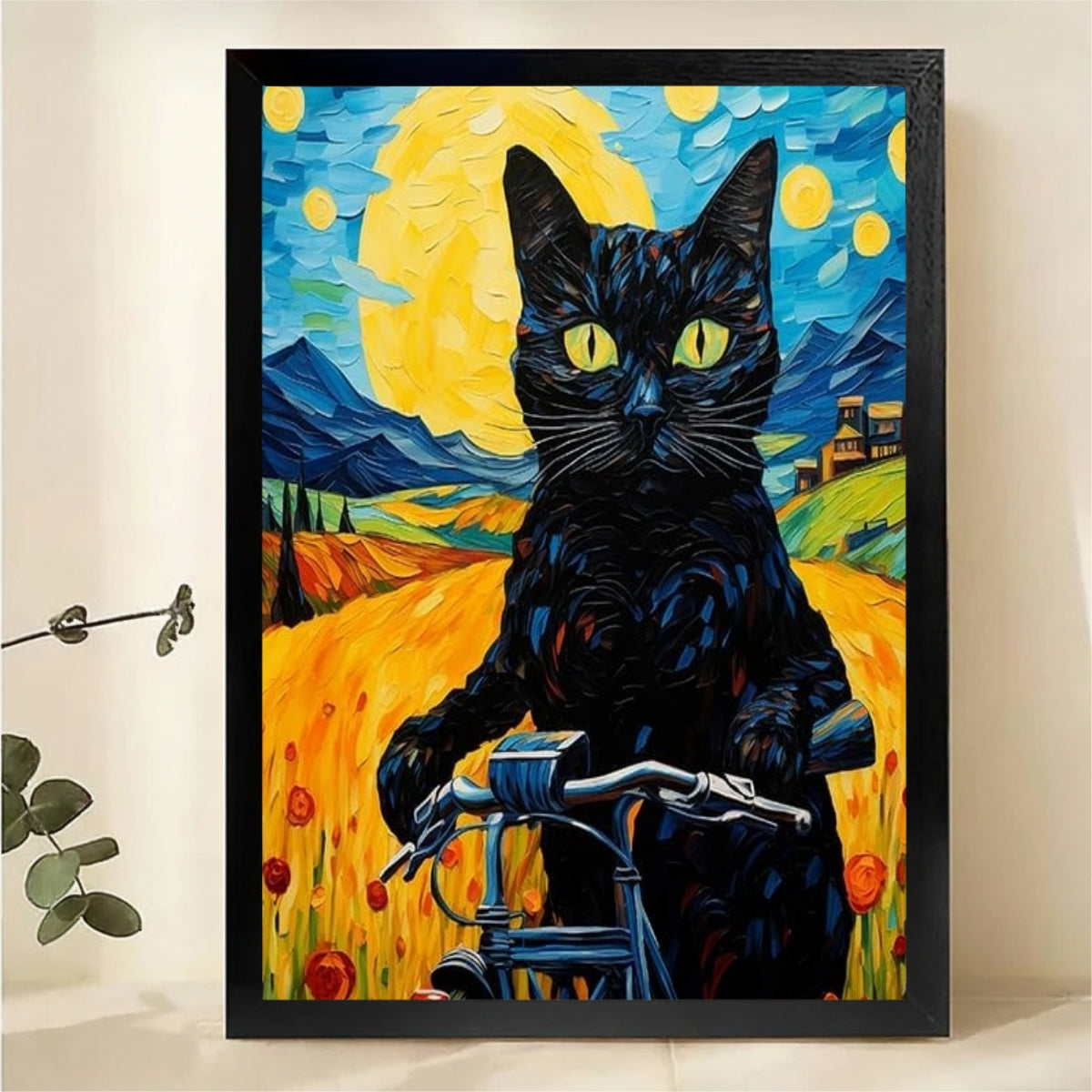 Black Cat Riding Bicycle Van Gogh Style Wall Art - Impressionist Canvas Print|W1447
