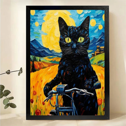 Black Cat Riding Bicycle Van Gogh Style Wall Art - Impressionist Canvas Print|W1447