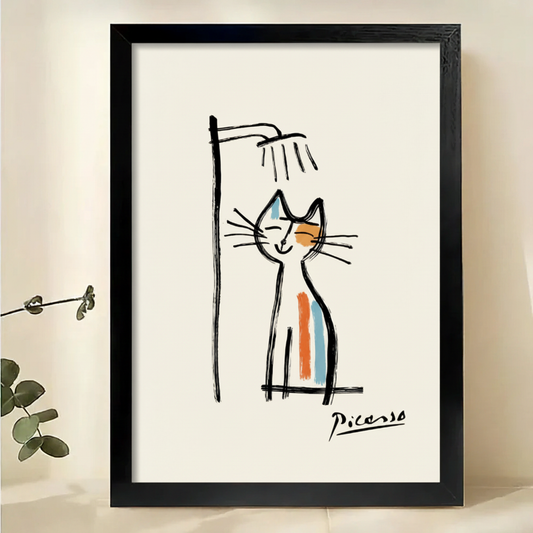 Picasso-Style Cat in Shower Wall Art – Minimalist Line Art Cat Canvas Print on Natural Wood Frame | W2326