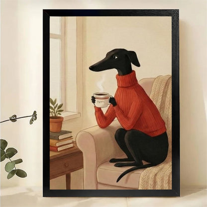 Greyhound in Red Sweater with Coffee by Window Wall Art - Cozy Illustrated Canvas Print|W1414