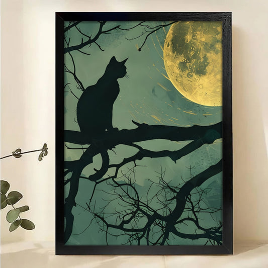 Cat Silhouette Under Full Moon Canvas Wall Art - Moonlight Print|W1159