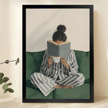 Woman Reading with Coffee Wall Art - Cozy Morning Canvas Print|W1325