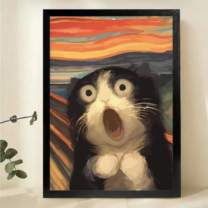 The Scream Cat Parody Wall Art – Funny Munch-Inspired Canvas Print on Natural Wood Frame | W2126