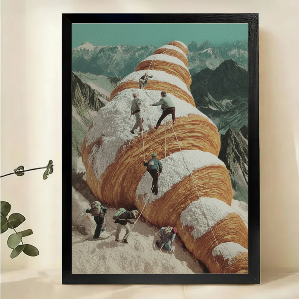 Mountaineers Climbing a Giant Croissant Wall Art – Surrealist Food Collage Canvas Print on Natural Wood Frame | W2198