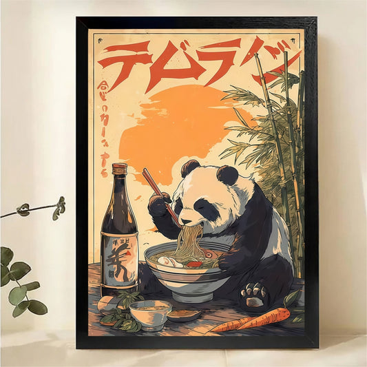 Panda Eating Ramen Wall Art - Vintage Japanese Poster Print|W1086