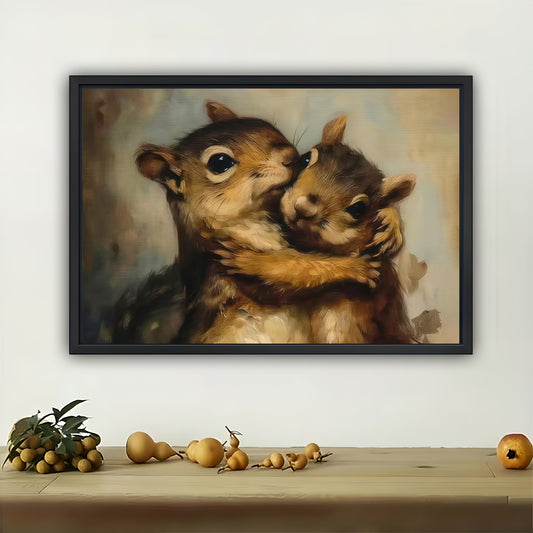 Hugging Squirrels Wall Art | Adorable Woodland Animal Framed Print| W1037