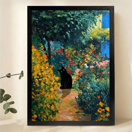 Black Cat in Garden Wall Art - Impressionist Floral Landscape Print|W1229