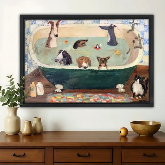Dogs Bath Time Wall Art - Funny Pet Bathroom Print|W1236