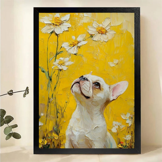 French Bulldog with Daisies Wall Art - Yellow Oil Painting Canvas Print|W1352