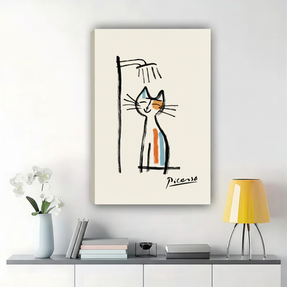 Picasso-Style Cat in Shower Wall Art – Minimalist Line Art Cat Canvas Print on Natural Wood Frame | W2326