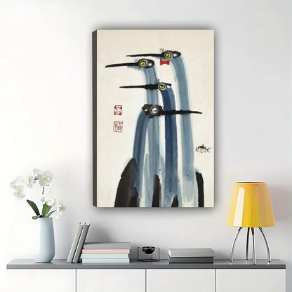 Whimsical Flying Birds – Japanese Ink Wash Style Wall Art on Natural Wood Canvas | W856