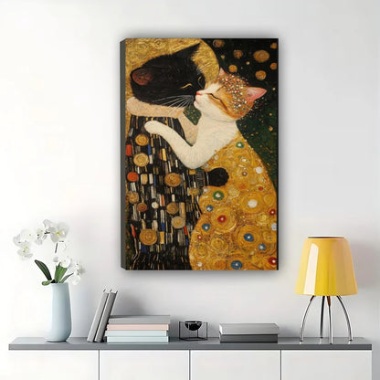 Gustav Klimt Cat The Kiss – Art Nouveau Cat Wall Art on Natural Wood Canvas | W2074