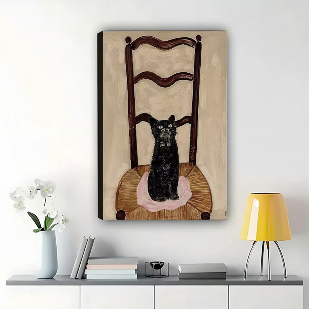 Black Cat on Antique Chair Wall Art – Moody French Oil Painting Canvas Print on Natural Wood Frame | W2131
