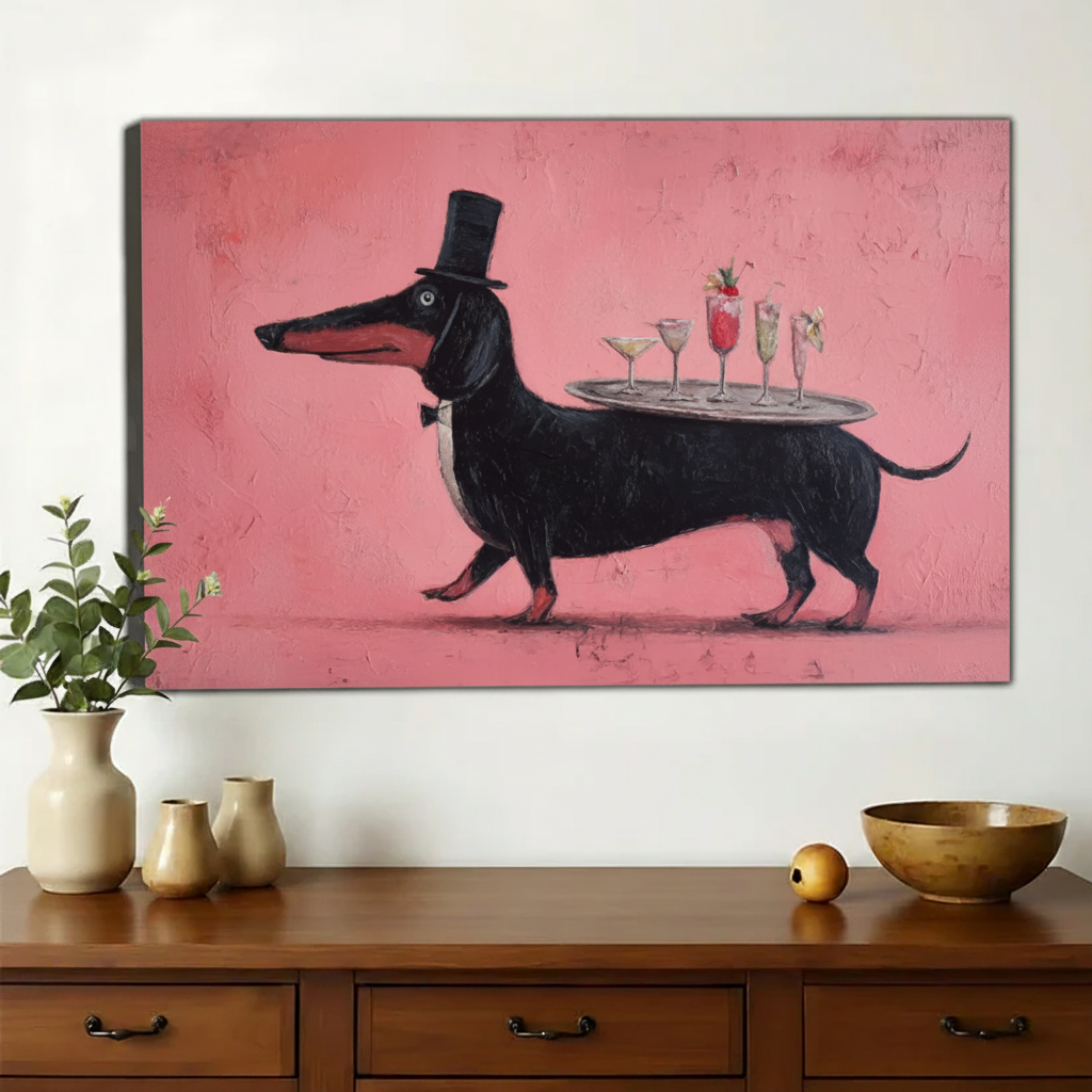 Tuxedo Dachshund with Cocktails Wall Art – Whimsical Party Dog Canvas Print on Natural Wood Frame | W2411