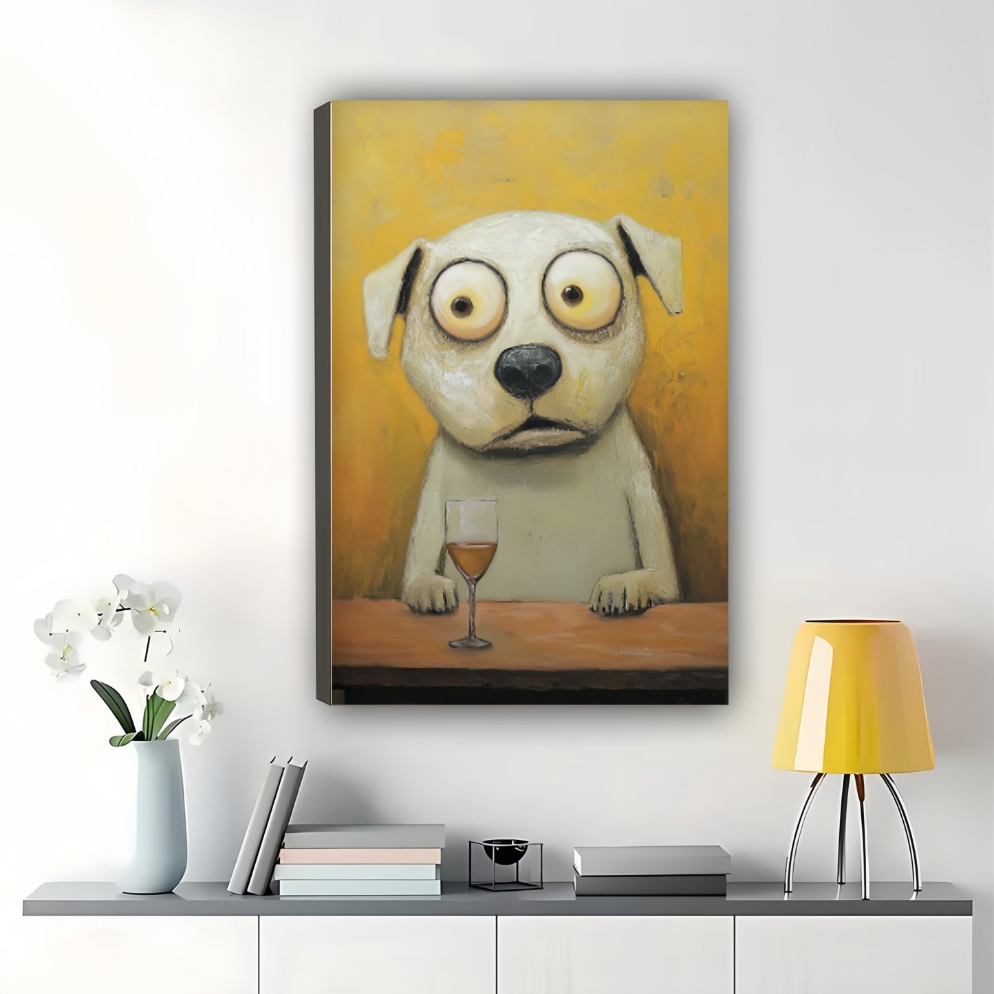 Sad Eyed Dog Bar – Whimsical Lonely Pet Wall Art on Natural Wood Canvas | W2011