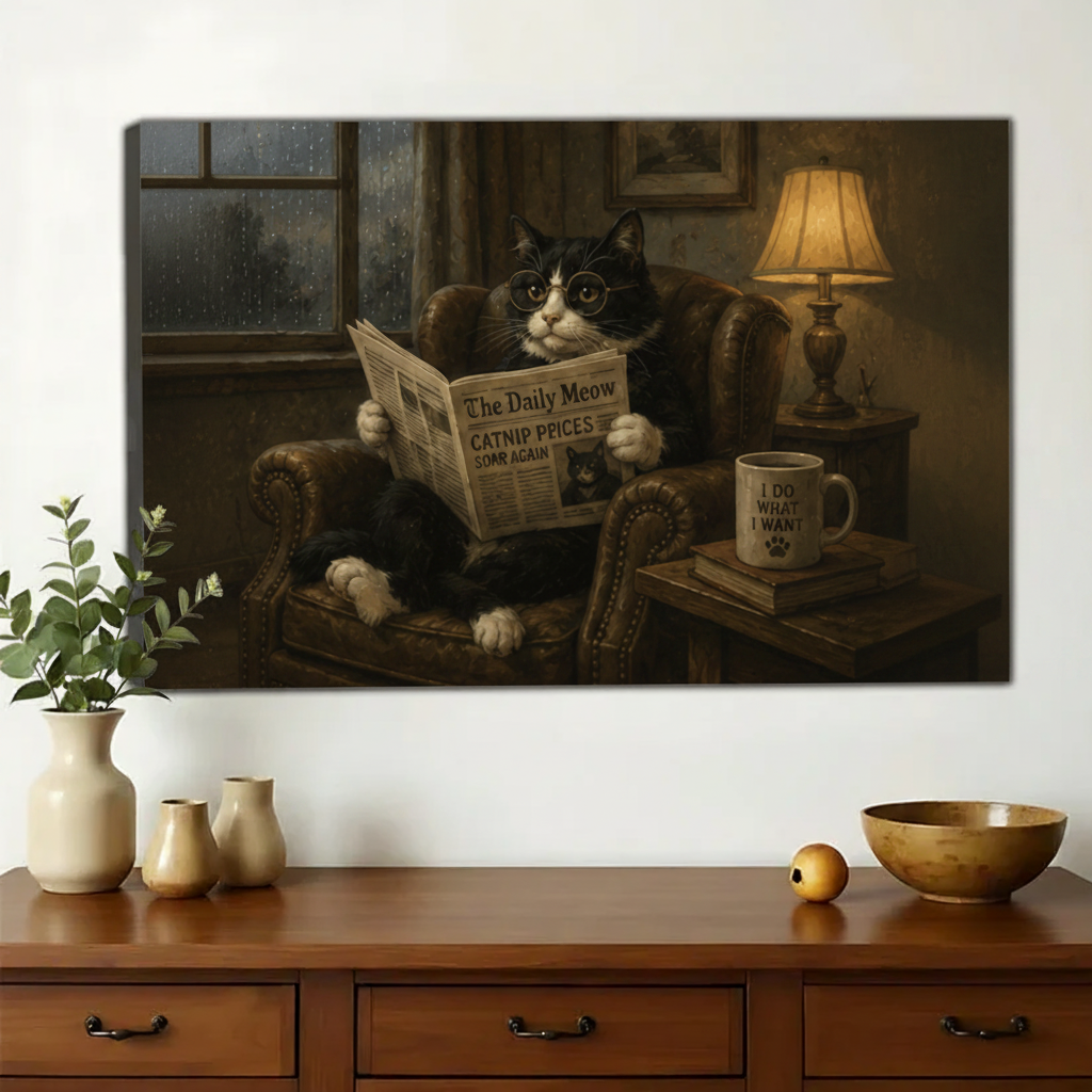 Tuxedo Cat Reading The Daily Meow Wall Art – Whimsical Dark Luxury Cat Canvas Print on Natural Wood Frame | W2286