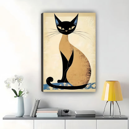 The Vintage Elegant Siamese Cat – Classic Retro Wall Art on Natural Wood Canvas | W607