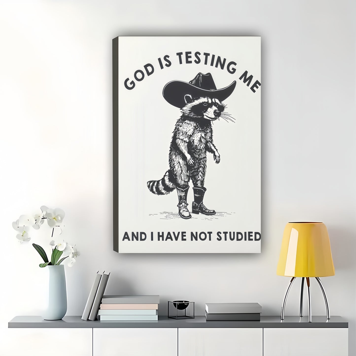 God Is Testing Me And I Have Not Studied Cowboy Raccoon – Humorous Wall Art on Natural Wood Canvas | W974