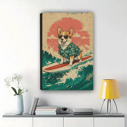 Surfing Corgi Wall Art – Retro Vintage Dog Canvas Print on Natural Wood Frame | W2242