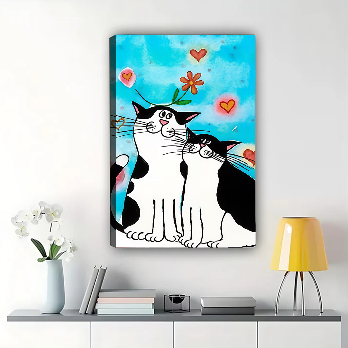 Whimsical Cat Couple Art - Black & White Cats with Hearts Canvas Print|W1147