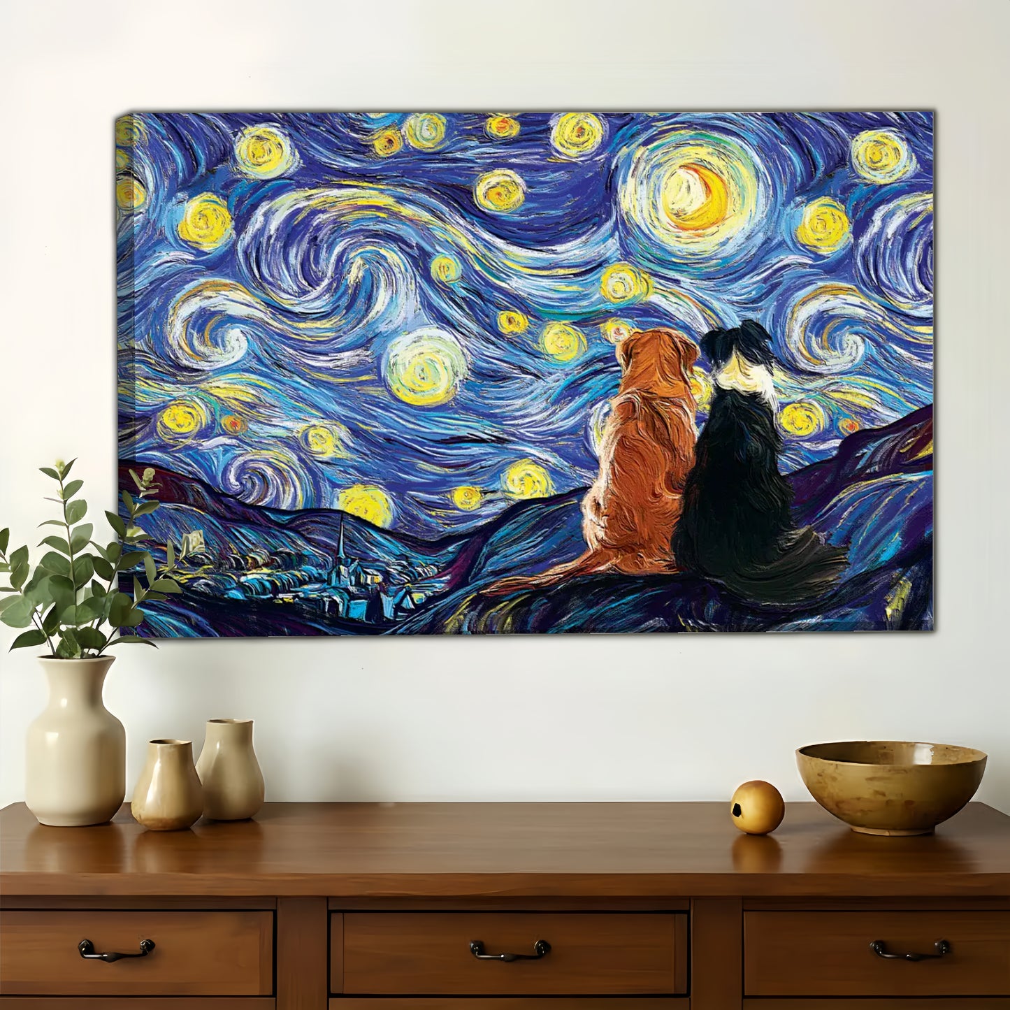 Dogs Under Starry Night Wall Art - Van Gogh Style Canvas Print|W1341