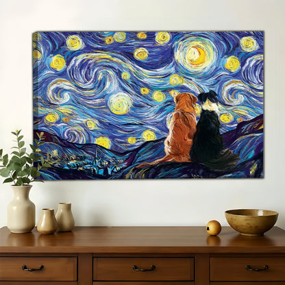 Dogs Under Starry Night Wall Art - Van Gogh Style Canvas Print|W1341