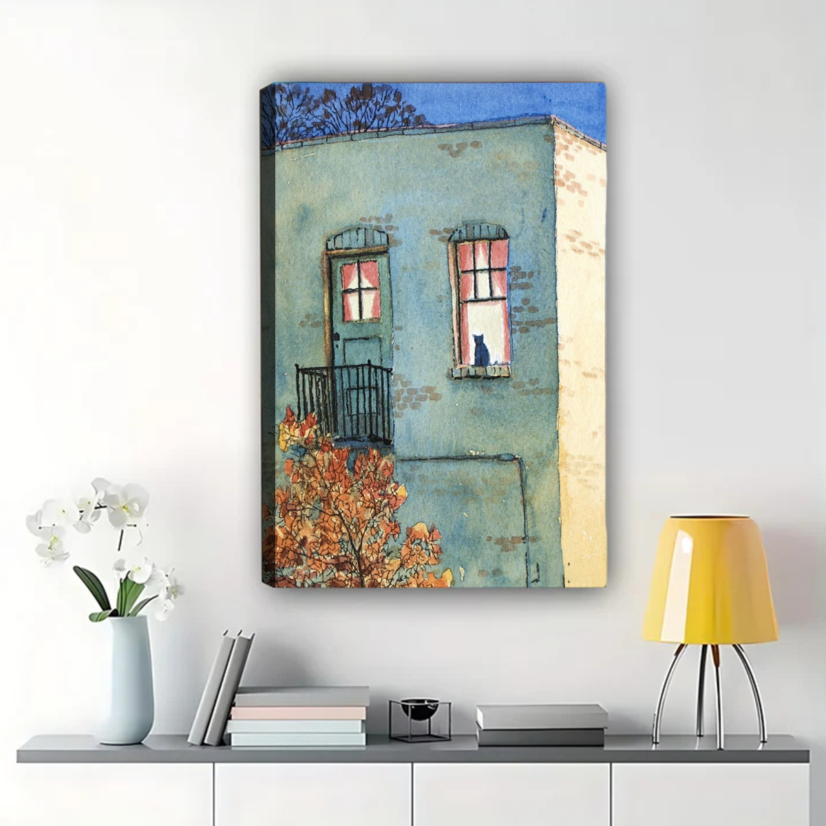 Cat in Window Wall Art - Cozy European Village Canvas Print|W1327