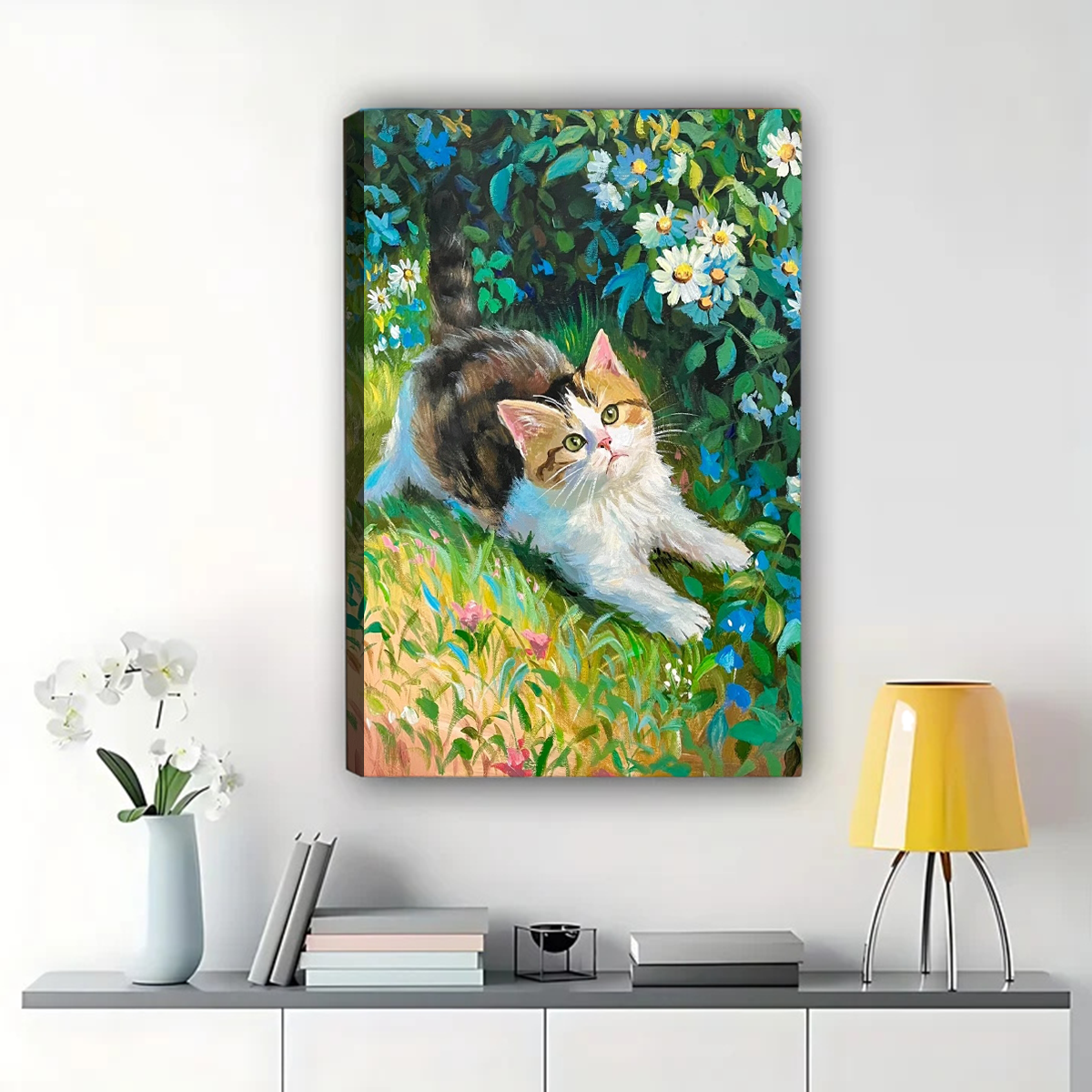 Kitten in Garden Wall Art - Impressionist Floral Canvas Print|W1134