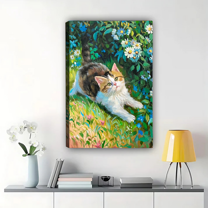 Kitten in Garden Wall Art - Impressionist Floral Canvas Print|W1134