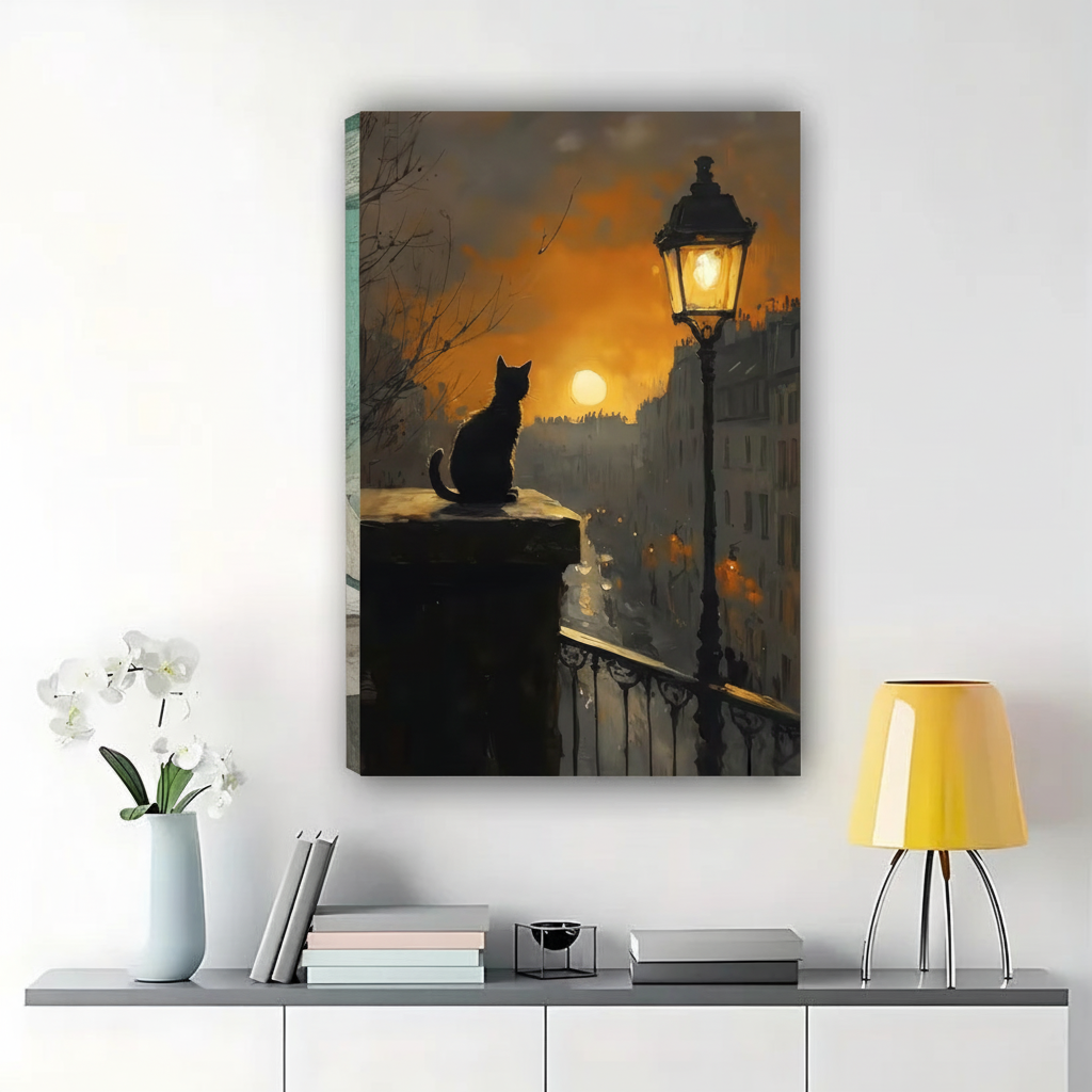 Black Cat by Lantern at Night Wall Art – Atmospheric Evening Cat Canvas Print on Natural Wood Frame | W2095