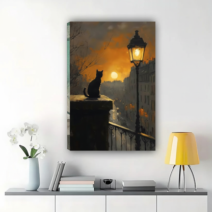 Black Cat by Lantern at Night Wall Art – Atmospheric Evening Cat Canvas Print on Natural Wood Frame | W2095