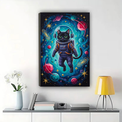 Astronaut Black Cat in Cosmic Space – Sci-Fi Whimsical Wall Art on Natural Wood Canvas | W716